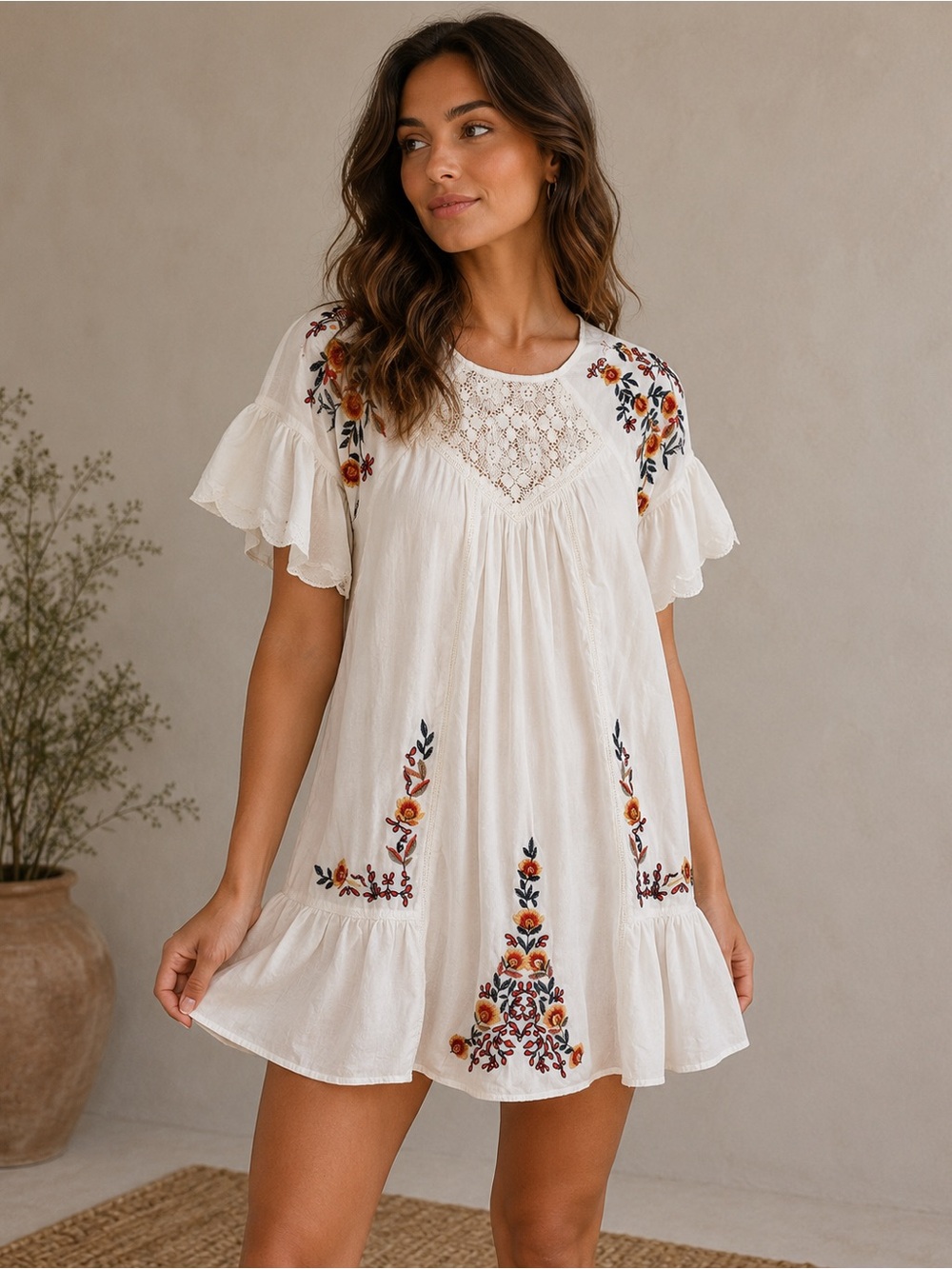 Umgee Embroidered Boho Babydoll Mini Dress Small‎ Ivory Floral
